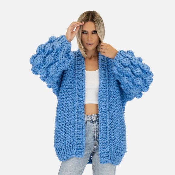 MumsHandmade Bubble Sleeve Cardigan Knit Chunky Blue Wool Popcorn Aran Mum's - Picture 2 of 10